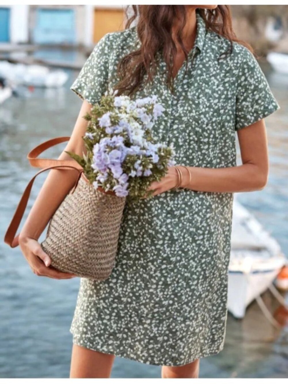 Garnet Hill Women's Sz Large Green Floral 100% Linen Short-Sleeve Shirt Dress
